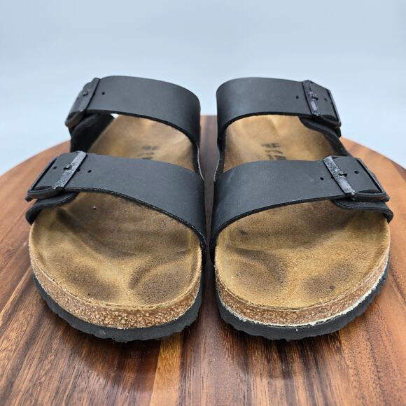 Birkenstock Arizona Sandals Mens 11 Black Birko Flor Double Strap Buckle Comfort - Picture 2 of 8